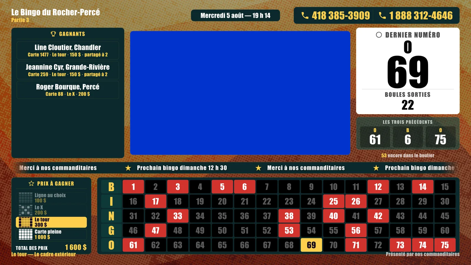 L'écran d'antenne de Bingo Studio : le tableau de 1 à 75 avec les numéros
                        sortis, la figure à faire, les lots et la zone d'incrustation de l'animateur.