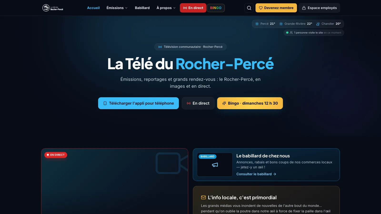 L'accueil de la plateforme TVRP 2.0 : bandeau en direct, babillard,
                        météo des municipalités et accès à l'espace employés.